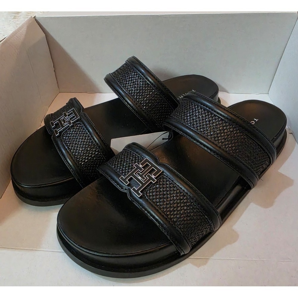 Tommy Hilfiger Jiana Double Strap Slide Sandals  Black Mesh & Silver Logo Size 6